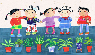 an illustration of little girls in a line, with a row of pot plants