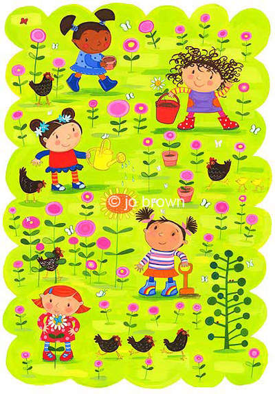 an illustration of diverse little girls gardening with hens and flowers