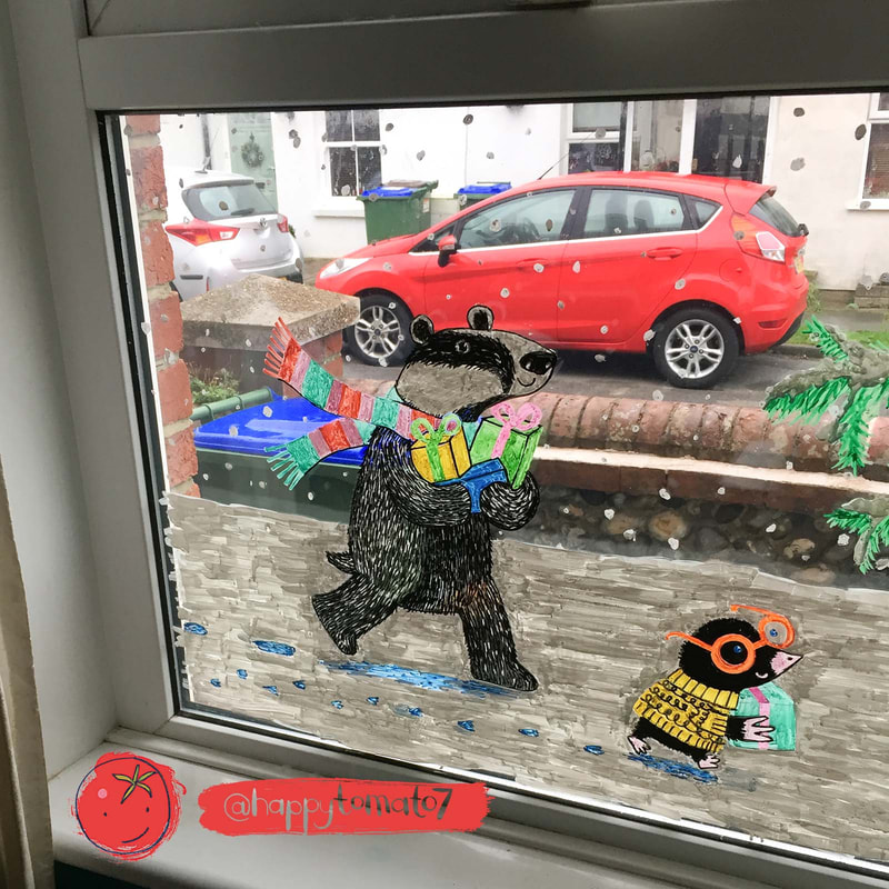 a painted window seen from inside in daytime, of a children's book type illustration of a badger and a mole delivering presents in the snow 