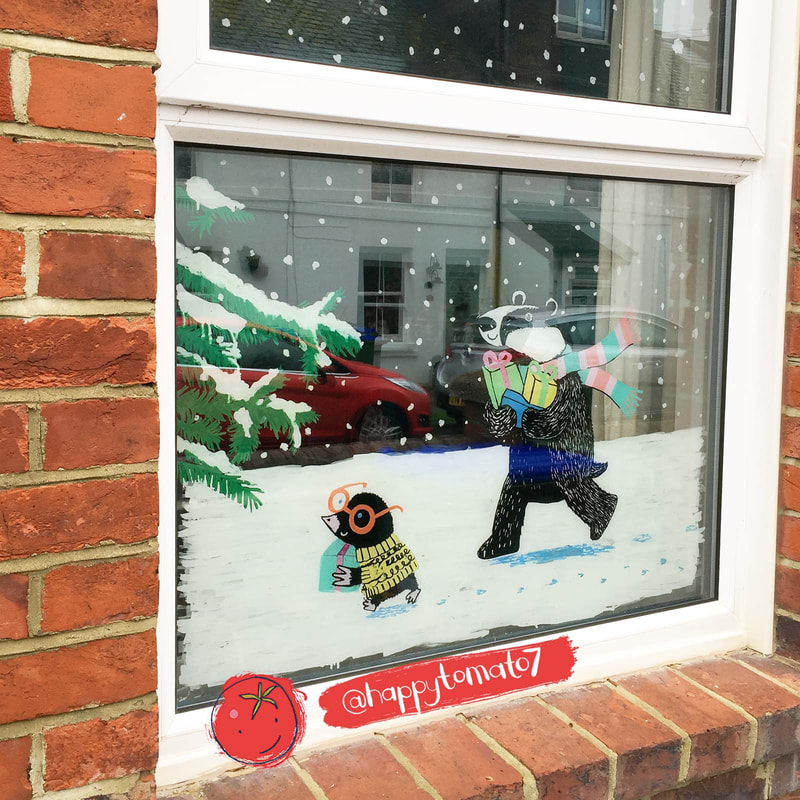 a painted window seen from outside of a children's book type illustration of a badger and a mole delivering presents in the snow 