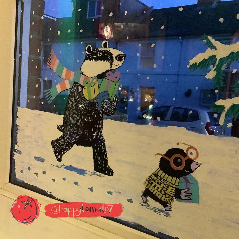 a window seen from inside in the night time with a painting in a children's book style, of a mole and a badger delivering presents in this snow, 