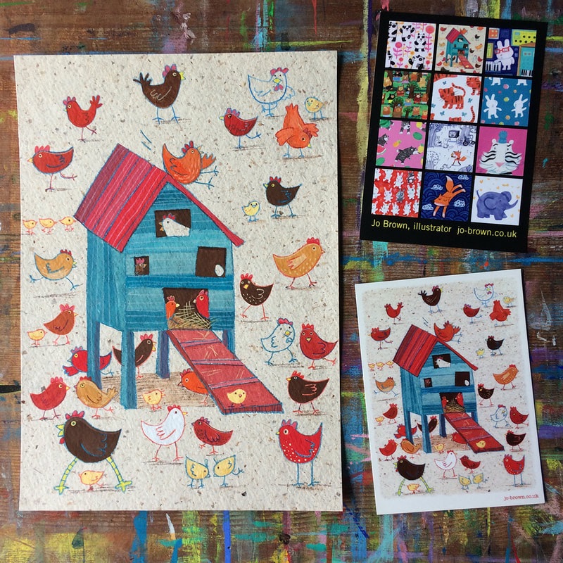 a painted illustration of hens and a henhouse and printed postcards with the same image