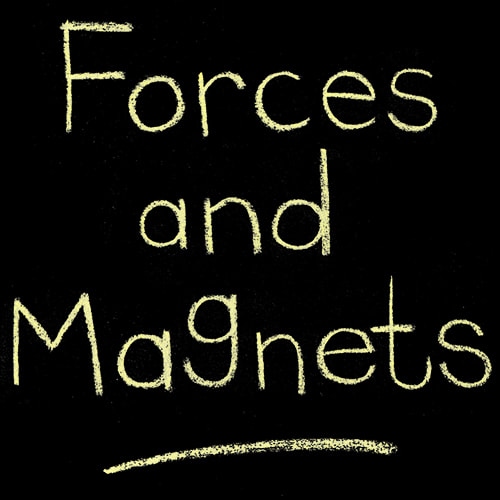 a website button that says Forces and Magnets in chalk lettering