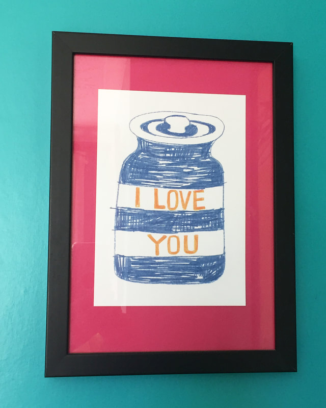 A framed  illustrated print of a striped biscuit jar with I Love You by Jo Brown, Illustrator 
