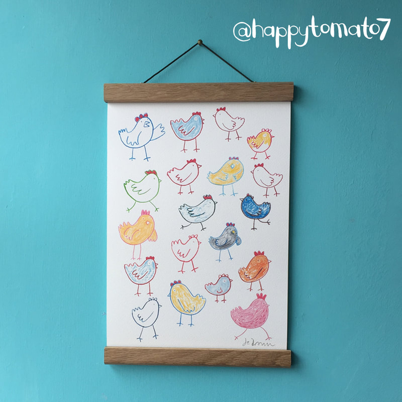 An illustration of hens in a poster hanger hanging from a nail on a turquoise wall.