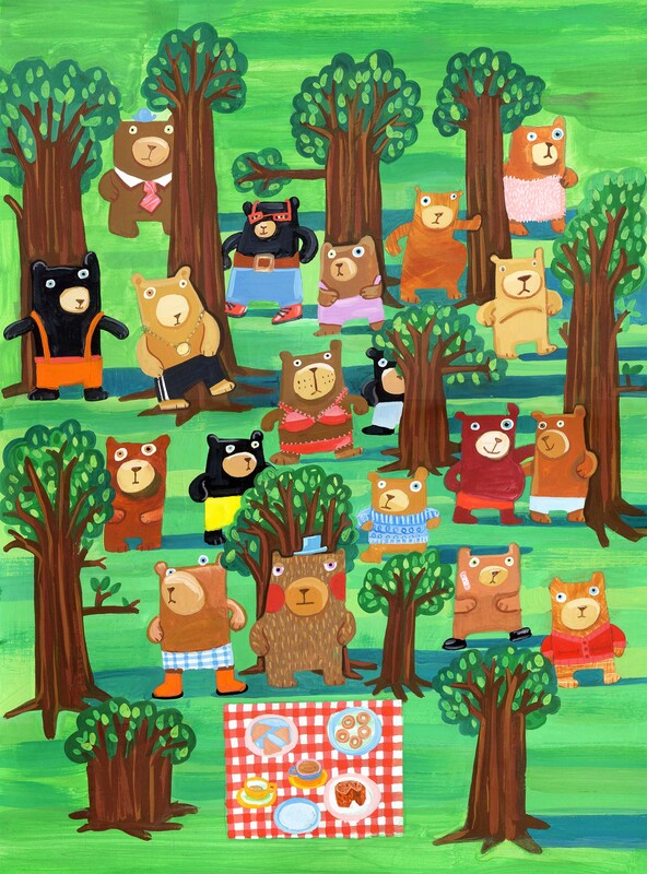 A painted illustration of suspicious looking bears wearing clothes in a wood with a picnic by Jo Brown Illustrator.
