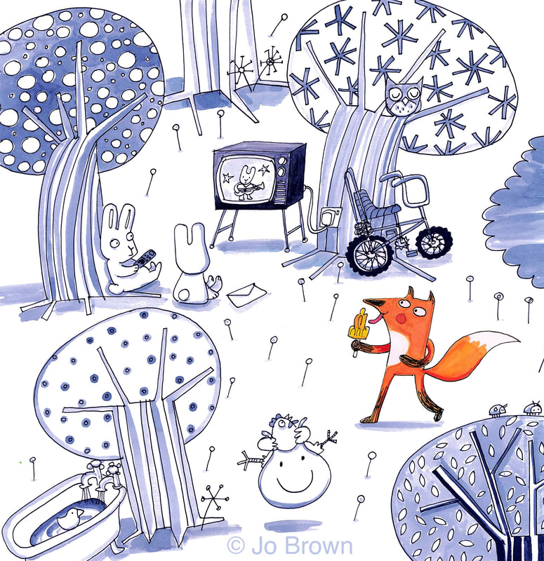 An illustration in blue and black of animals in the woods watching television, with a bright orange fox walking through, licking an ice lolly, by Jo Brown Illustrator.