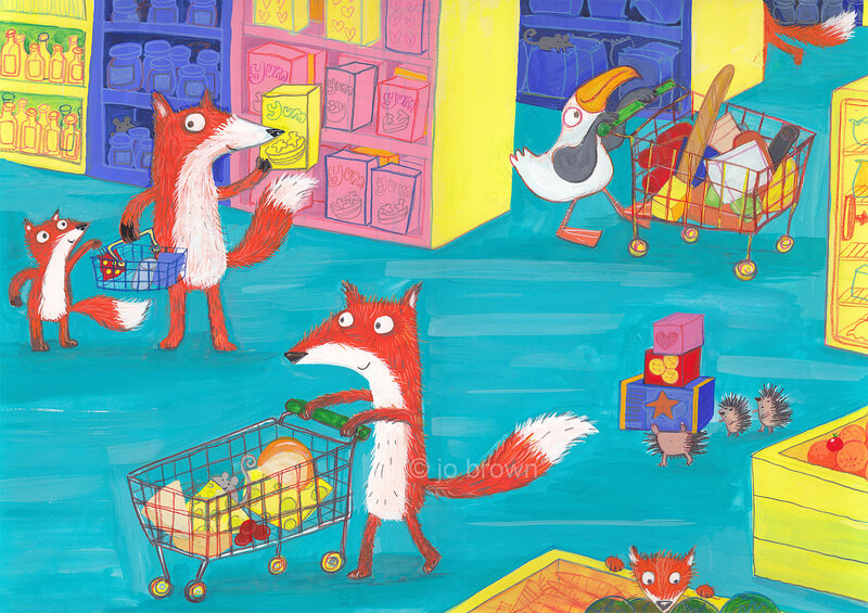 an illustration of foxes shopping in a supermarket