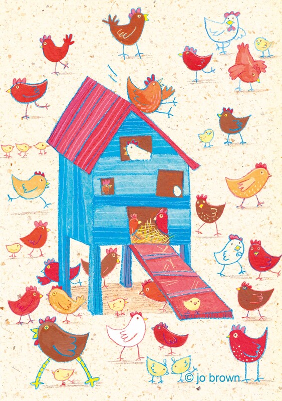 An illustration painted on textured paper of a henhouse with chicks and hens running around, by Jo Brown Illustrator.