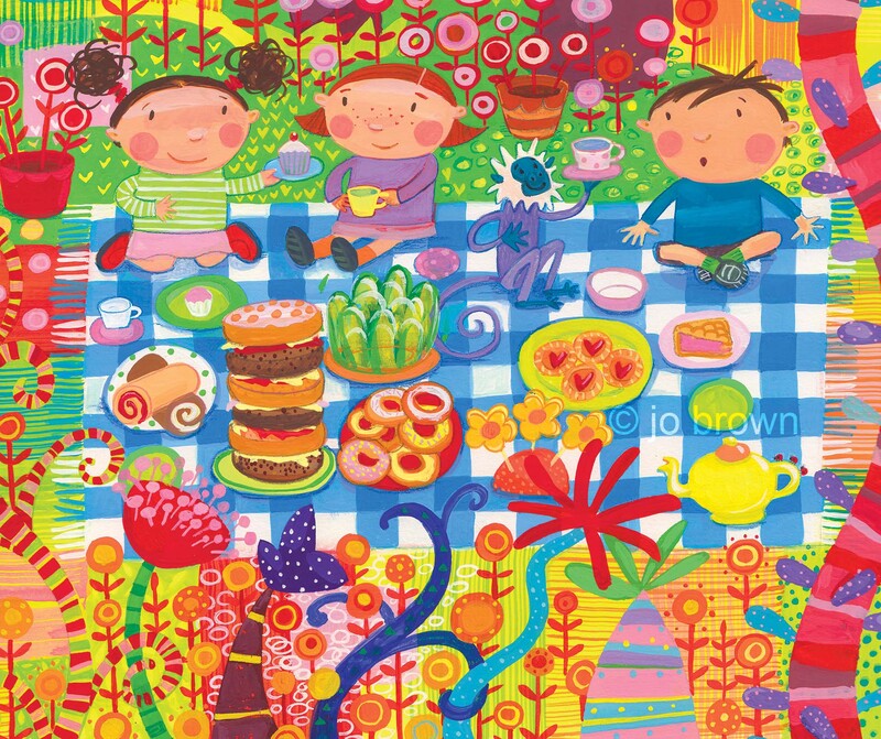 A painted illustration of a picnic with lots of strange flowers and children and a monkey by Jo Brown Illustrator.