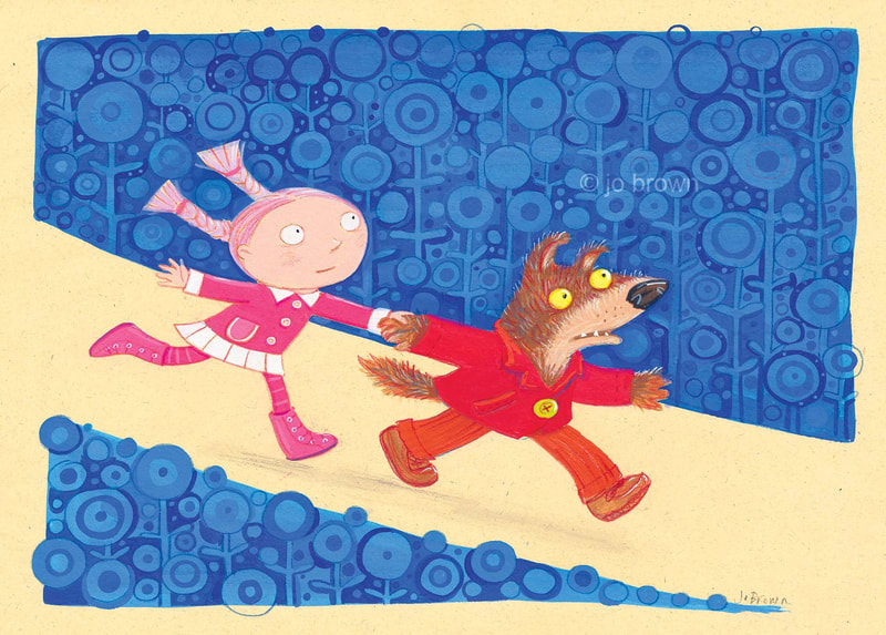 A painted illustration of a wolf and a girl running through a field of blue flowers by Jo Brown, illustrator.