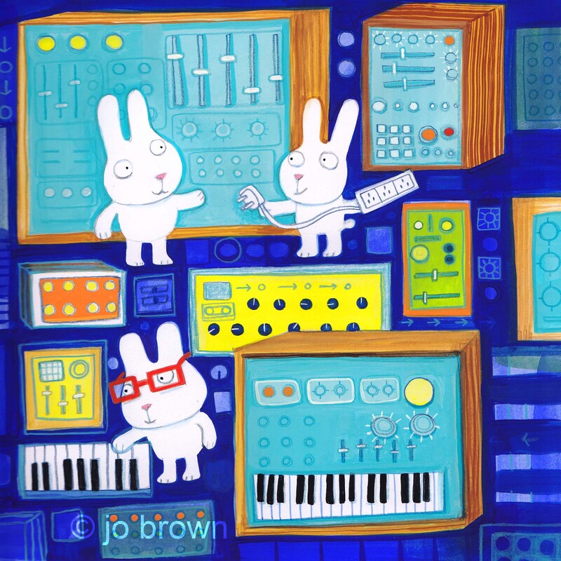 A painted illustration of cartoon rabbits with synthesisers and keyboards by Jo Brown, Illustrator.