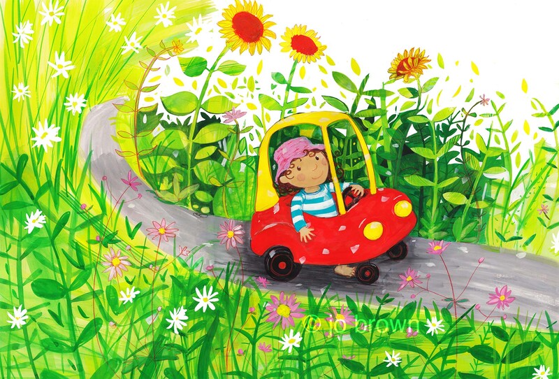 A painted illustration of a little girl riding a pedal car through a garden with sunflowers by Jo Brown, Illustrator.