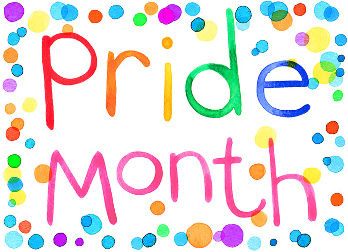 A website icon that says Pride Month in rainbow coloured watercolour lettering with spots border by Jo Brown, Illustrator.