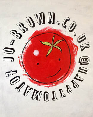 hand painted sign for Jo Brown with a smiling tomato surrounded by website address