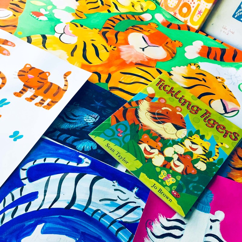 Gouache artwork of tigers by Jo Brown, Illustrator